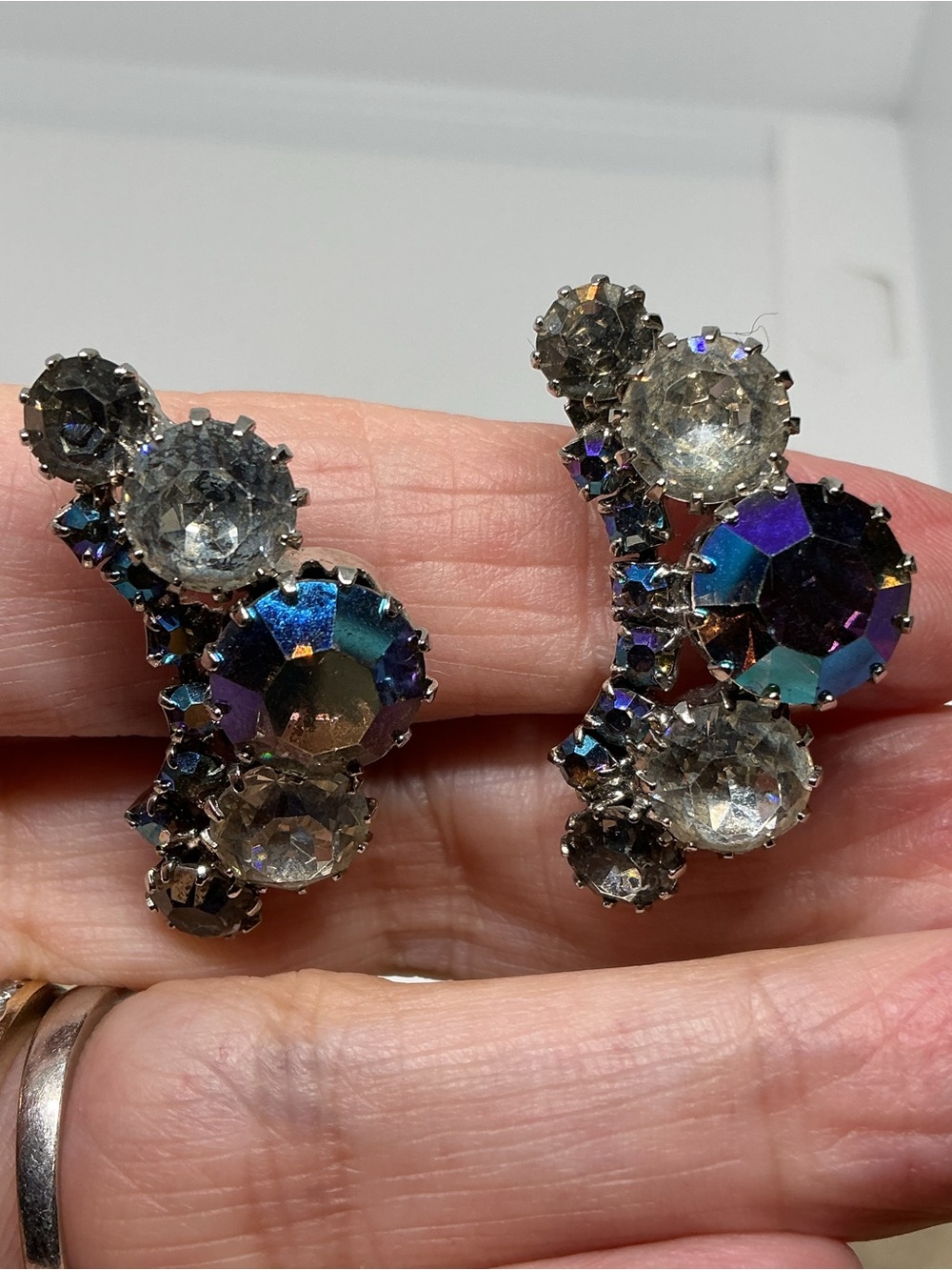 Weiss Clip Ear Climber Earrings AB Aurora Borealis & Clear Rhinestone Cluster